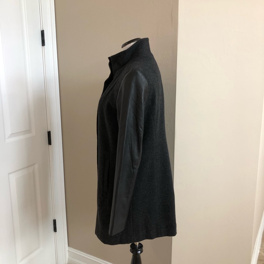 Eileen Fisher High Collar Full Zip Wool Coat Leather Sleeves Black/Gray Medium - Picture 5 of 9